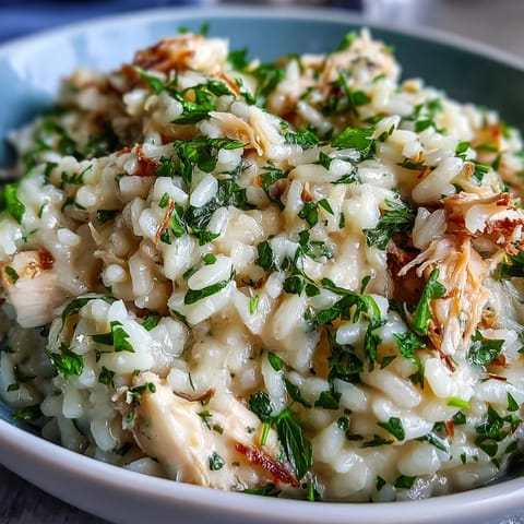 The finished Smoked Haddock Risotto is plated in a wide ceramic bowl, featuring creamy Arborio rice studded with large flakes of tender smoked haddock. Garnished with fresh parsley and a lemon twist, the dish looks rich and comforting.