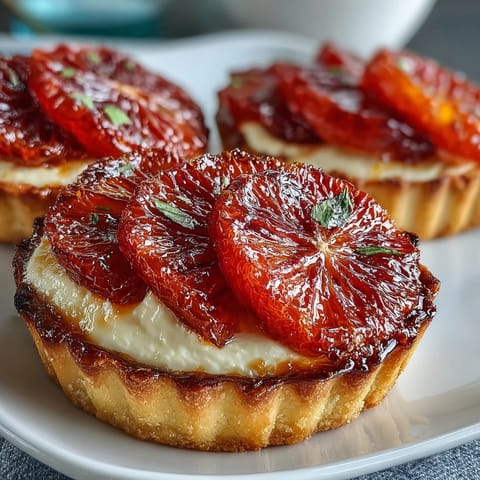 Six individual Blood Orange Tarts are beautifully arranged, featuring glossy orange rounds glistening with a light honey glaze, perfect for a French-inspired dessert spread. 
