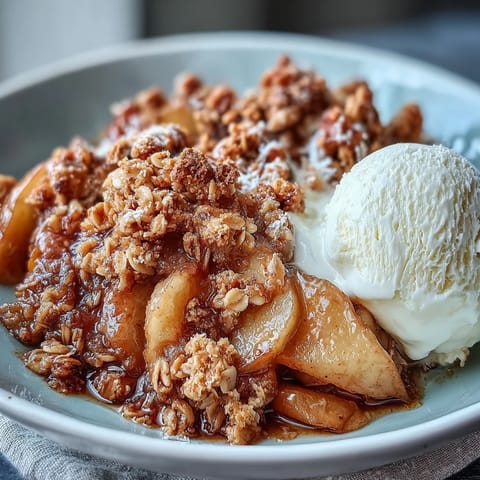 A warm serving of Pear Crumble paired with melting vanilla ice cream, perfect for a cozy American dessert night.