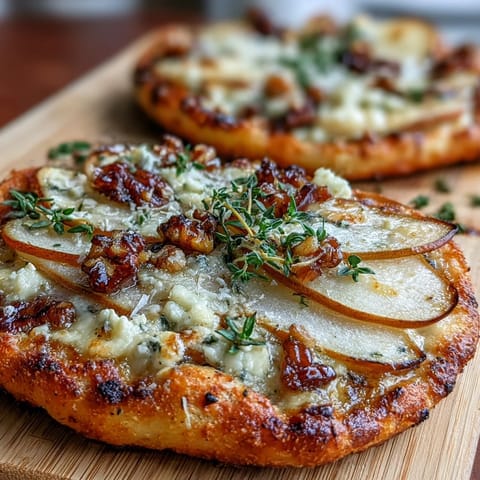 Twelve golden, crisp mini pizzas topped with sweet pear slices, crumbled Gorgonzola, and tangy pickled walnuts.