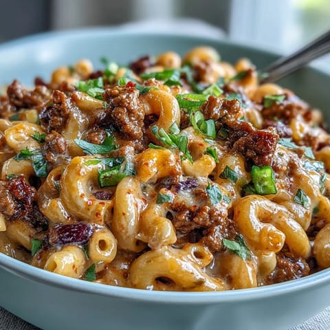 One-Pan High Protein Chili Mac served in a rustic bowl topped with sour cream and green onions. 