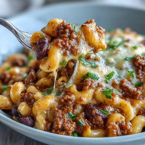 Ground beef simmers with onions, garlic, and smoky spices in a deep skillet before pasta and cheddar are added. 