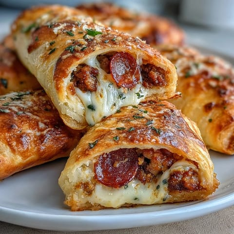 Golden-brown Irresistible High Protein Pepperoni Pizza Rolls on a baking sheet, topped with melted mozzarella and fresh parsley.