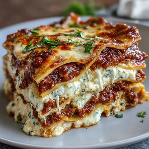 Golden-brown Worlds Best Lasagna with bubbling mozzarella and Parmesan, resting in a 9x13 inch baking dish.