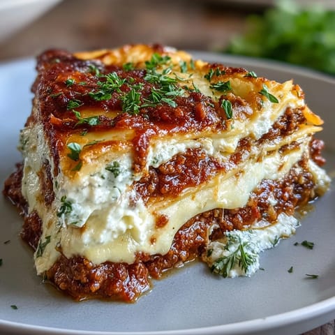 Thick layers of meat sauce, pasta, and creamy ricotta in a slice of Worlds Best Lasagna.