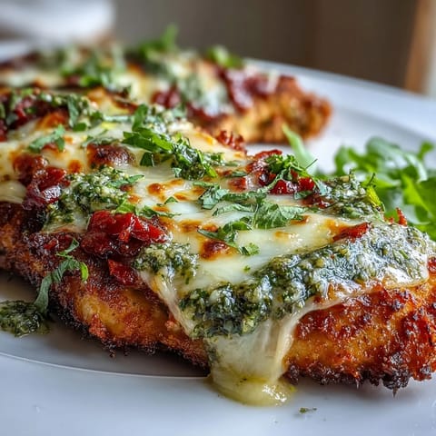 Golden-brown breaded chicken breasts topped with melted mozzarella and a vibrant green basil pesto swirl.
