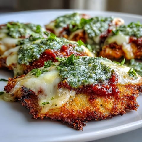 Freshly grated Parmesan and basil garnish this baked Pesto Chicken Parmesan, served beside a green salad.
