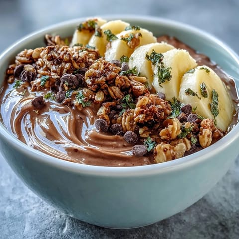 Rich Chunky Monkey Smoothie Bowls with hemp seeds and cacao nibs for breakfast.