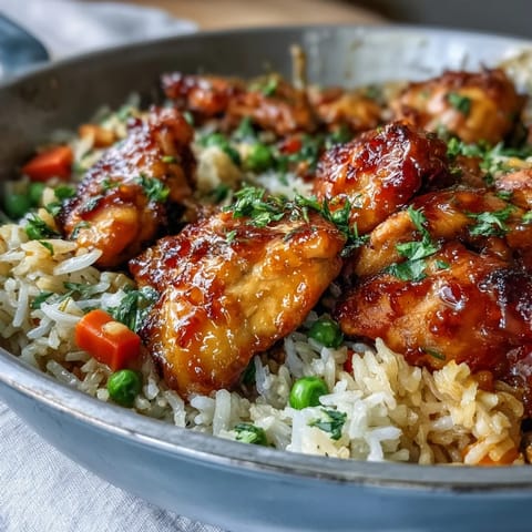 Tender chicken glazed in sweet honey BBQ sauce, fluffy rice, and colorful veggies in this One-Pan Bold Honey BBQ Chicken Rice.