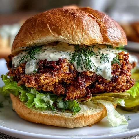 Freshly made creamy sauce drizzled over crispy, golden-brown fried chicken nestled in a soft brioche bun with lettuce.