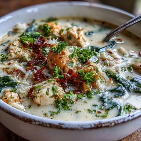Warm Garlic Parmesan Chicken Soup with tender chicken pieces, paired with crusty artisan bread for dipping.