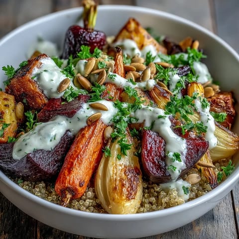 A nourishing roasted root vegetable bowl topped with fresh parsley and toasted pumpkin seeds for a wholesome dinner.  