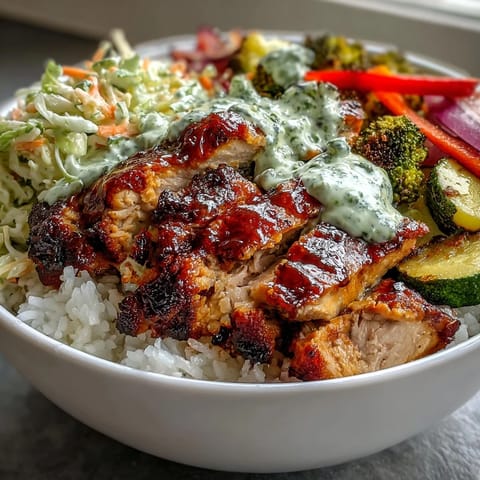 A close-up of the BBQ Chicken Bowl with glossy, caramelized chicken slices over fluffy white rice and vibrant roasted vegetables.