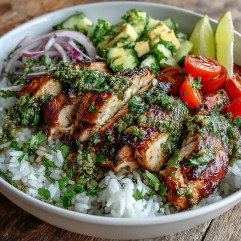 A freshly prepared chimichurri sauce drizzles over the warm chimichurri chicken bowl, highlighting green herbs, red onions, and zesty lime wedges.