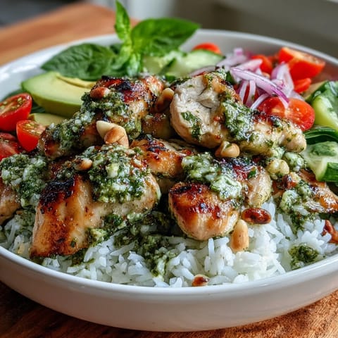 A vibrant bowl of Pesto Chicken Bowl with fluffy rice, tender chicken, and colorful cherry tomatoes and avocado slices.