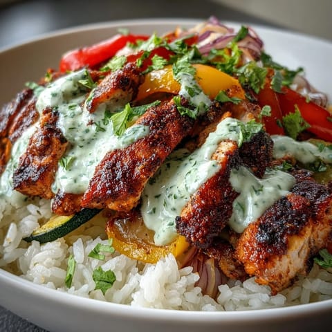 Sliced blackened chicken over fluffy rice, vibrant sautéed vegetables, and a drizzle of zesty lime crema, served in a bowl.