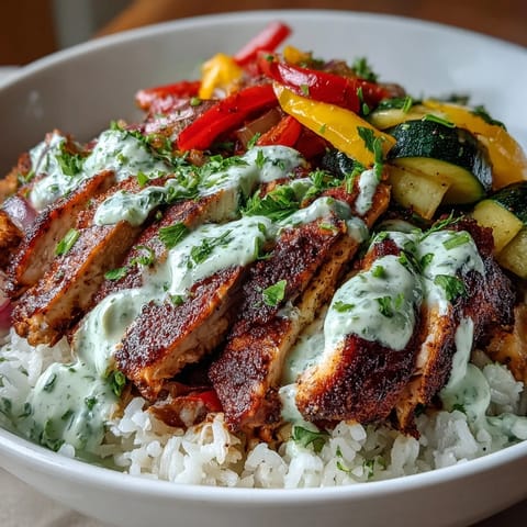 Fluffy rice topped with seasoned blackened chicken, colorful bell peppers, zucchini, and a creamy lime crema garnish.