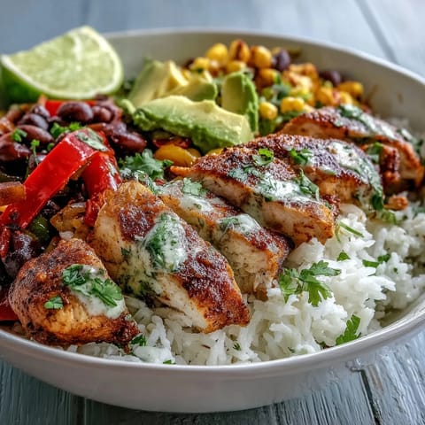 A vibrant Cajun Chicken Bowl with fluffy rice, black beans, corn, and colorful peppers topped with sliced avocado and fresh cilantro.  
