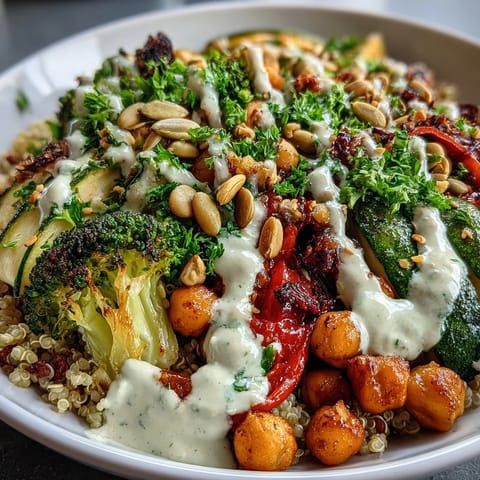 A close-up of a vibrant Vegetable and Legume Bowl featuring quinoa, roasted broccoli, chickpeas, and creamy avocado slices with a drizzle of tahini dressing.