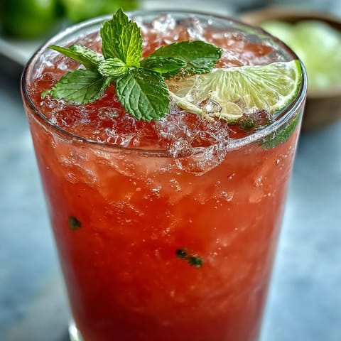 A tall glass of Guava Nectar Drink filled with ice and garnished with a lime wedge and fresh mint leaves.