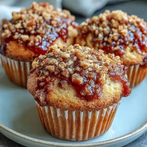 Peanut Butter and Guava Muffins with a golden crust and gooey guava center, topped with crunchy roasted peanuts.