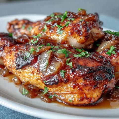 Soul Food Smothered Chicken with Onion Gravy in a cast iron skillet, golden-brown chicken pieces nestled in rich, savory onion gravy.