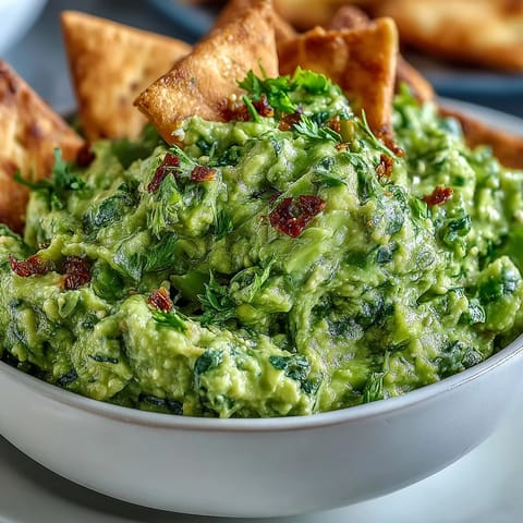Wholesome edamame guacamole blended with ripe avocado and zesty lime, paired with warm, lightly salted pita chips for dipping.  