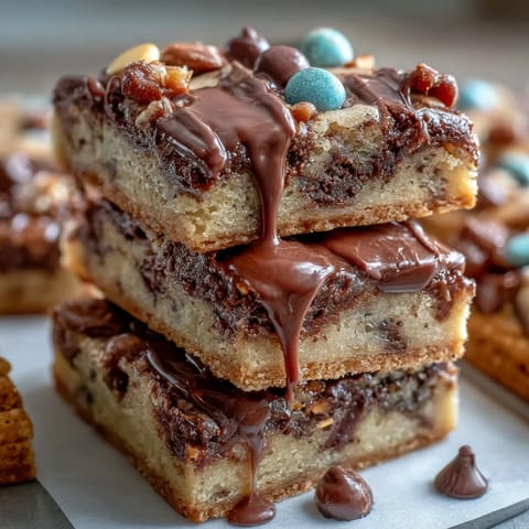 Chewy cookie bars topped with vibrant candy-coated chocolates and creamy white chocolate drizzle, perfect for graduation parties.