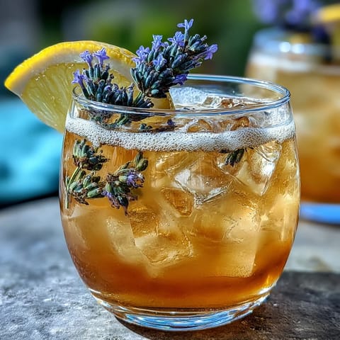 A vibrant glass of lavender lemonade spritz with fresh lemon slices and lavender sprigs, perfect for summer sipping.