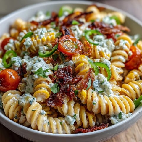 Vibrant Elote Pasta Salad with Cotija, chili, and lime, featuring charred corn and juicy tomatoes tossed in a zesty dressing.