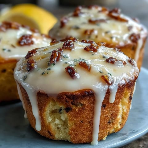 Fluffy lemon poppy seed muffins topped with a glossy lemon glaze, perfect for a bright spring brunch or afternoon treat.