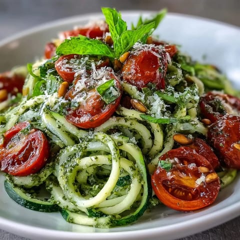 Vibrant zucchini noodles tossed with fresh basil pesto and juicy cherry tomatoes, a healthy low-carb Mediterranean dish.  