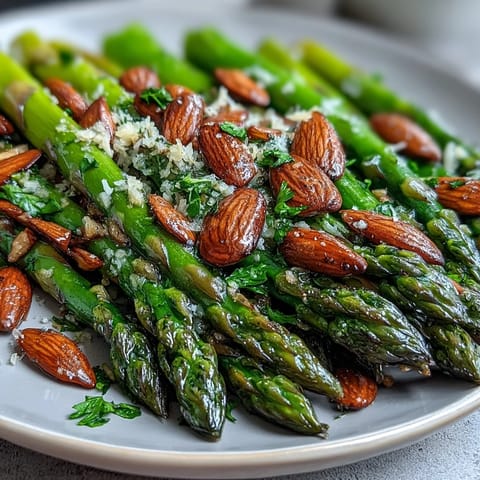 Vibrant lemon butter asparagus spears with toasted almonds, a fresh spring side dish bursting with citrus flavor and nutty crunch.