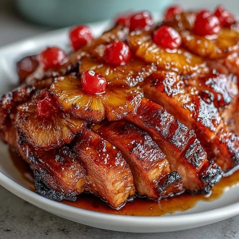 Honey glazed ham with pineapple, golden and glistening, perfect for a holiday feast.
