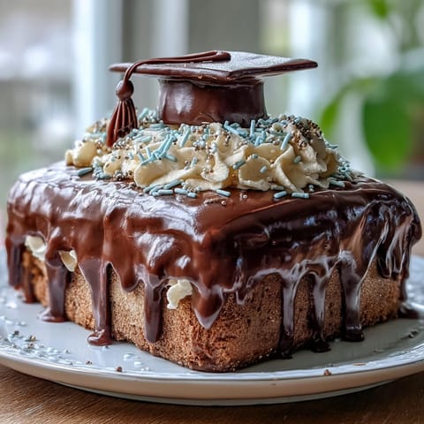 Gold drip graduation sheet cake with mortarboard topper, a festive dessert for celebrating academic success.
