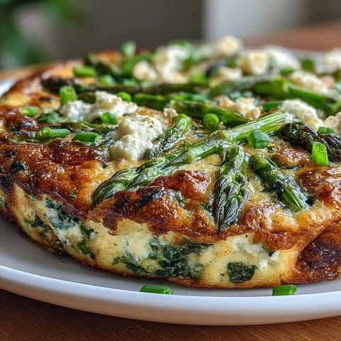 Spring Frittata with Asparagus, Peas and Goat Cheese in a skillet, golden and puffed, with vibrant green vegetables and creamy cheese topping.
