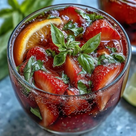 Refreshing Strawberry Basil Sangria Mocktail served over ice with vibrant fruit and herb garnish.