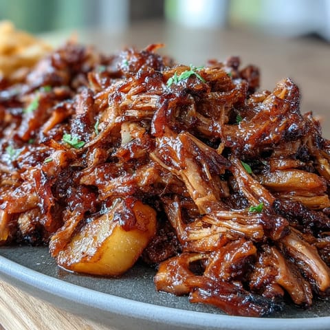 1. Slow cooker honey peach BBQ pulled pork with tender meat in rich, sweet sauce and juicy peach slices.  