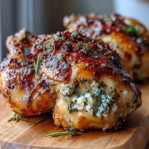 Herb butter roast chicken, golden and aromatic, served on a platter with roasted vegetables and fresh thyme sprigs.