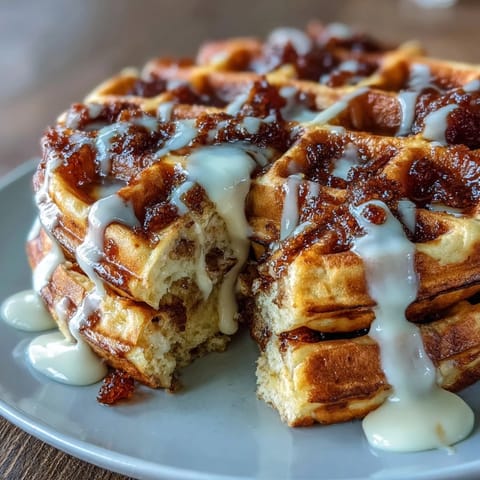 Warm, fluffy waffles swirled with cinnamon-sugar and topped with a creamy vanilla cream cheese glaze, perfect for a cozy breakfast.