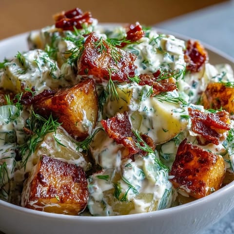 A vibrant bowl of Memorial Day potato salad with crispy bacon crumbles and fresh dill garnish, perfect for summer picnics.  