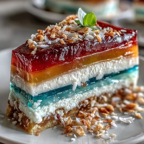 Layered agar-agar jelly in rainbow hues topped with silky coconut cream, a naturally dairy-free and gluten-free showstopper dessert.