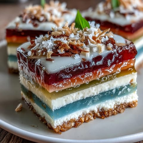 Vibrant rainbow jelly cake with agar-agar layers and creamy coconut topping, a colorful and refreshing dessert perfect for summer parties.