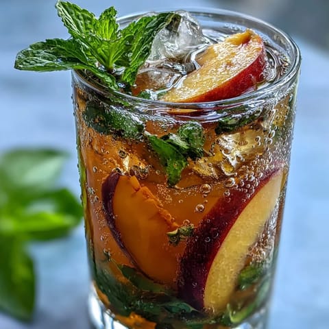 Refreshing iced peach green tea lemonade in a tall glass with ice, garnished with peach slices and mint leaves.  