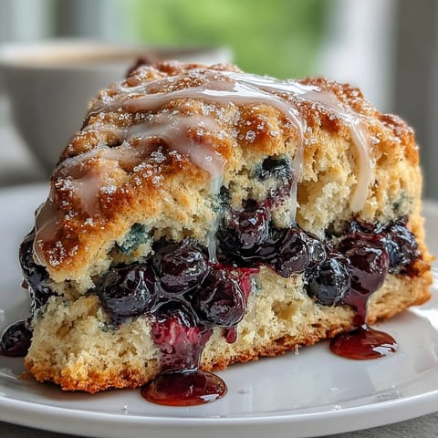 Freshly baked lemon blueberry scones with golden crust and juicy berries, drizzled with tangy lemon glaze.  