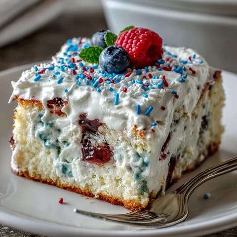 Festive Memorial Day red white and blue poke cake with vibrant gelatin swirls and creamy whipped topping.