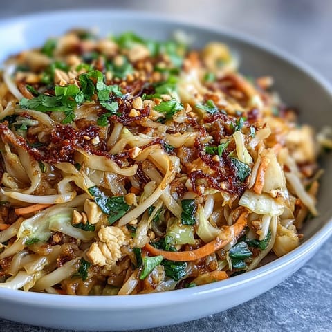 Vibrant cabbage Pad Thai with crunchy cabbage noodles, colorful vegetables, and a savory-sweet sauce topped with peanuts and fresh cilantro.