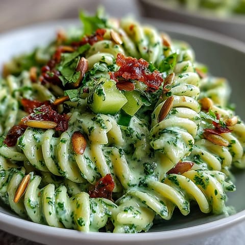 Creamy green goddess pasta salad with avocado-basil dressing, cherry tomatoes, and spinach in a bright, fresh bowl.