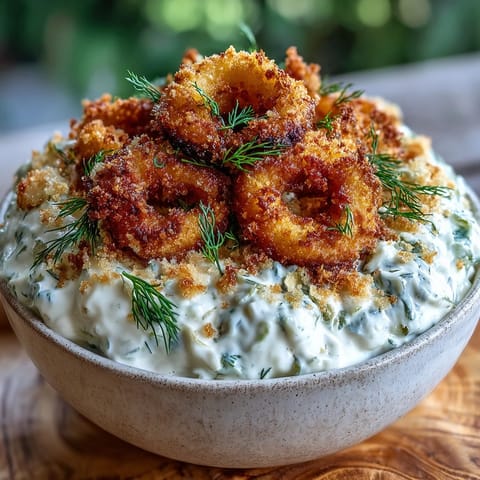 Creamy fried pickle dip piled high with golden, crispy pickle garnishes.