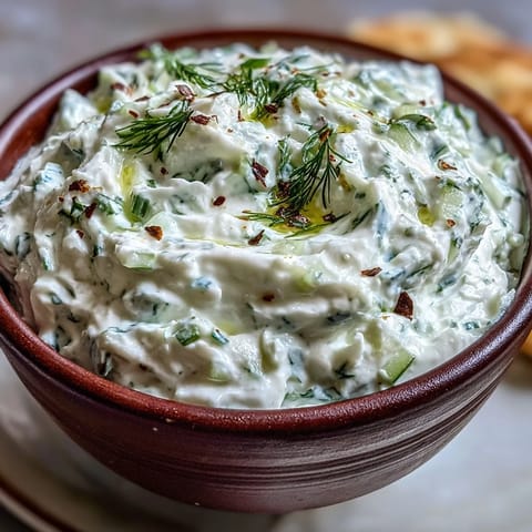 Bright Skyr Tzatziki Dip, a cool, herbaceous appetizer perfect for dipping.
